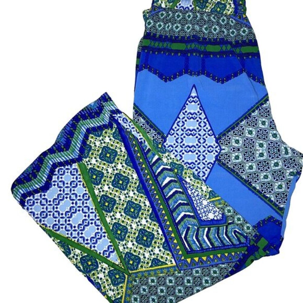 Women's Kaktus Pants Blue Green Multi-Print Wide Leg, 1X Plus, Pre-Owned